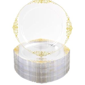 Premium Clear Disposable Party Dinner Plates with Decorative Gold Border